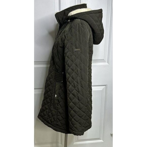Laundry Shelli Segal Quilted Coat Women’s Medium Detachable Hood Green + Stain** - Picture 6 of 16